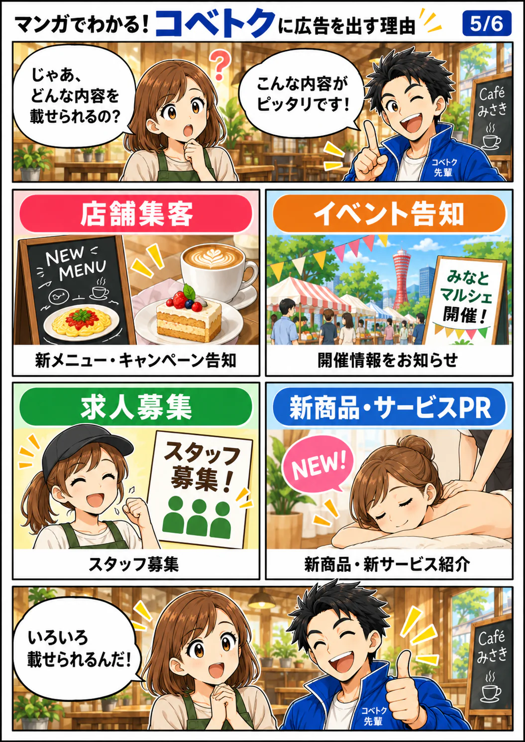 店舗集客、イベント告知、求人募集、新商品やサービスのPRなど、掲載できる内容を紹介するマンガ
