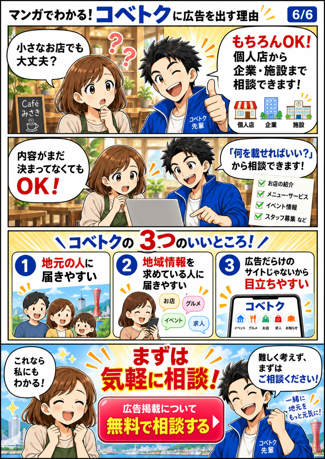 個人店から企業、施設まで相談でき、掲載内容が未定でも無料で相談できることを案内するマンガ