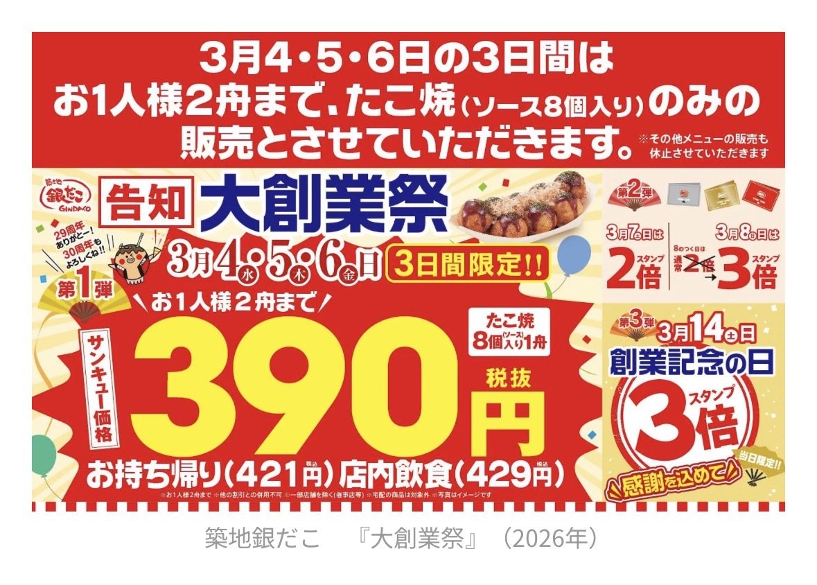 兵庫・神戸 築地銀だこ「大創業祭」開催！390円（税抜）でたこ焼きを味わうチャンス！