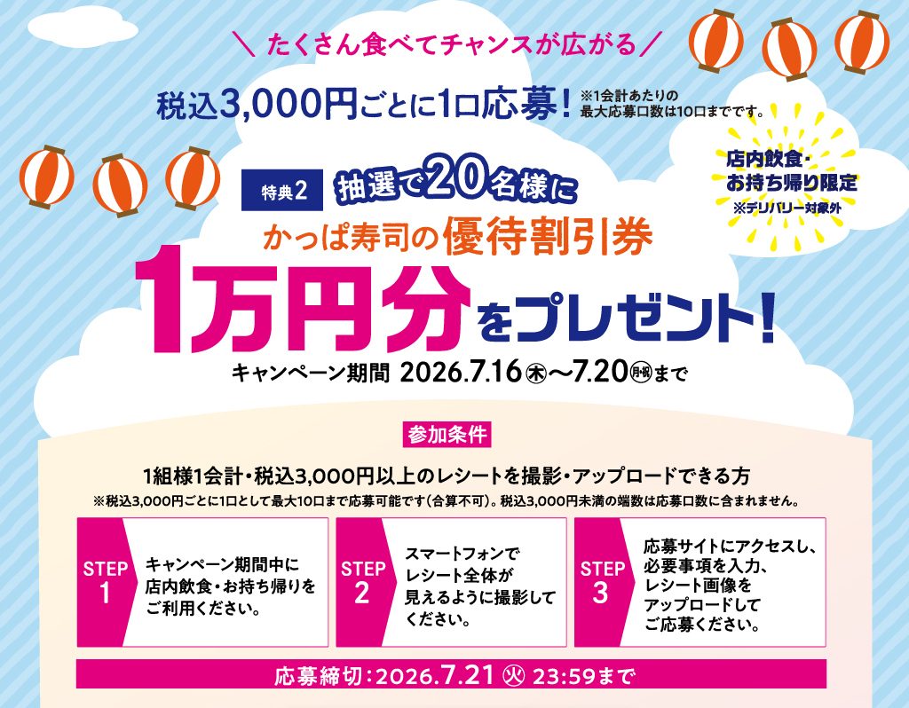 【兵庫・神戸】かっぱ寿司で「夏本番！ワクワクキャンペーン」開催！お得な限定メニューと1万円優待割引券のチャンス！（画像2）